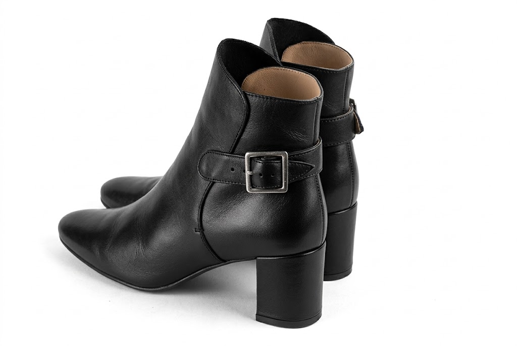 Women's black back-buckle ankle boots with round toe and mid block heel - Rear view